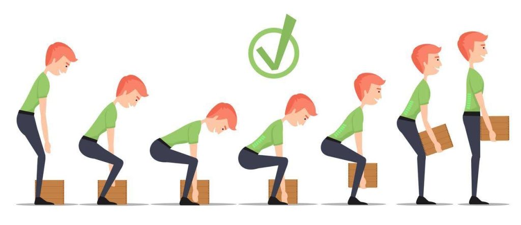 Illustration showing the correct technique for lifting a box, with a focus on proper posture and bending at the knees.